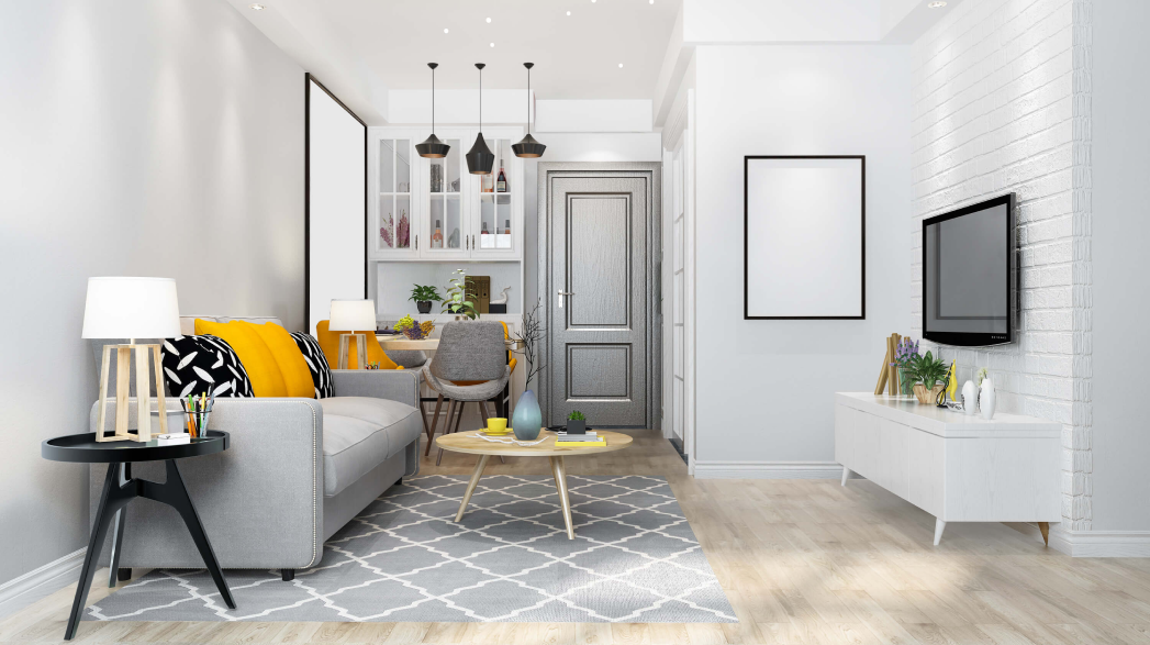 3d rendering loft luxury living room with shelf near dining table counter